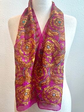 Vintage 50's Long Rococo Style Scarf 11"x 53" Semi-Sheer